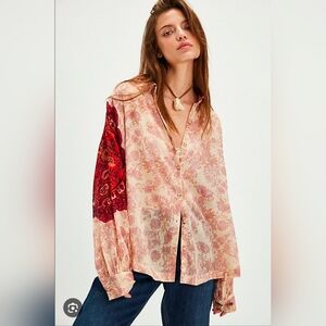 Free People Pink and Red Button Down Blouse with Mandarin Collar